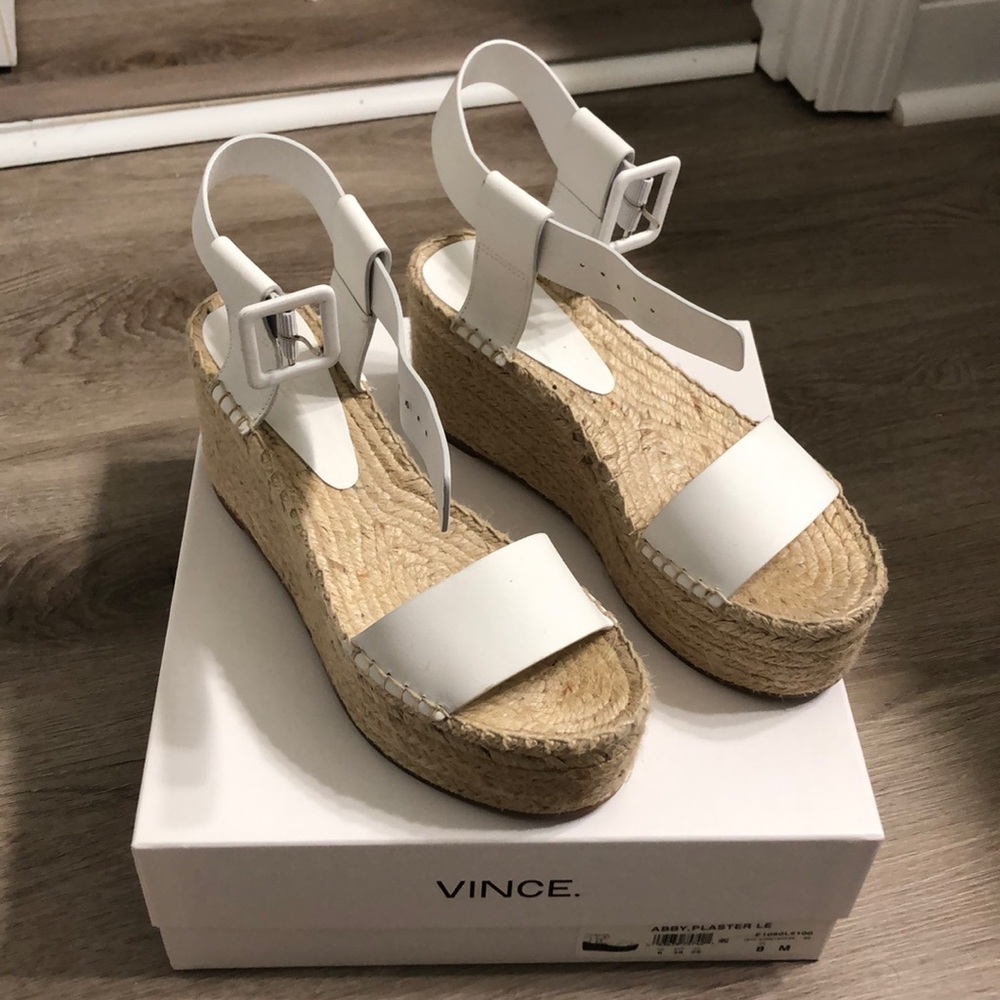 Vince white ankle strap wedges